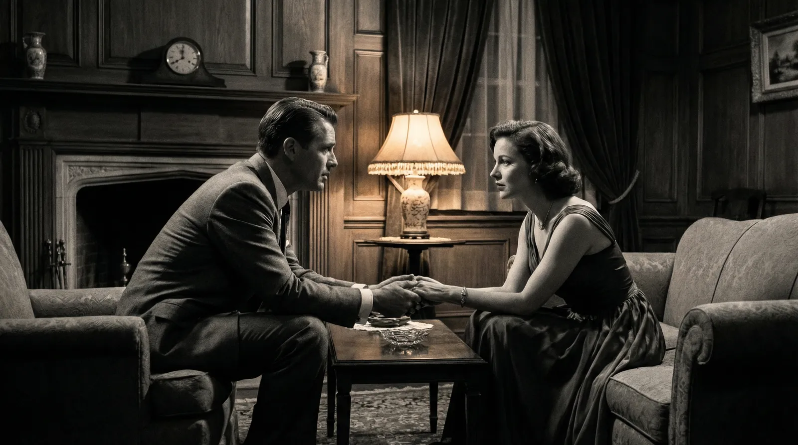 经典剧情电影剧照 - 两人在典雅客厅中的对话场景